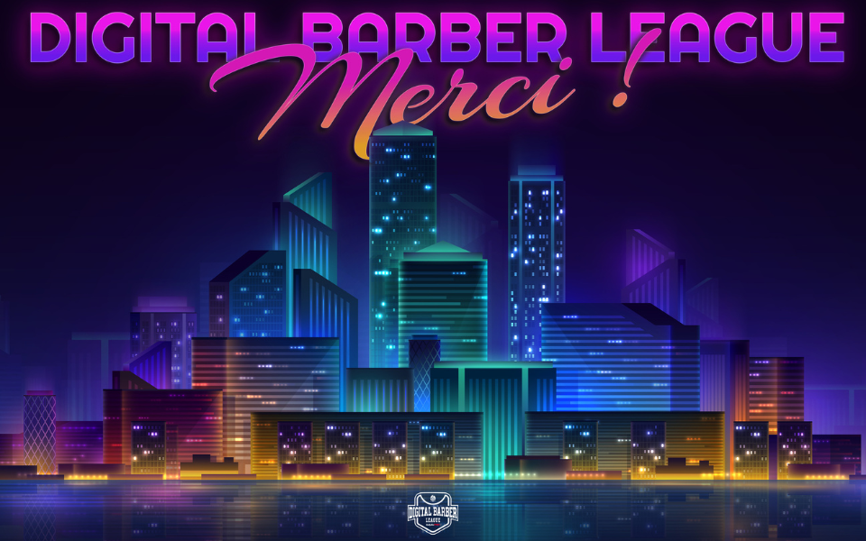 Visuel de remerciement du digital barber League. En fond immeuble AI fond noir et violet